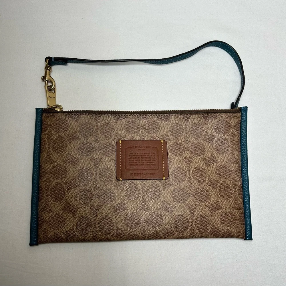 Coach Day Wristlet In Signature‎ Coated Canvas And Refined leather Teal Trim